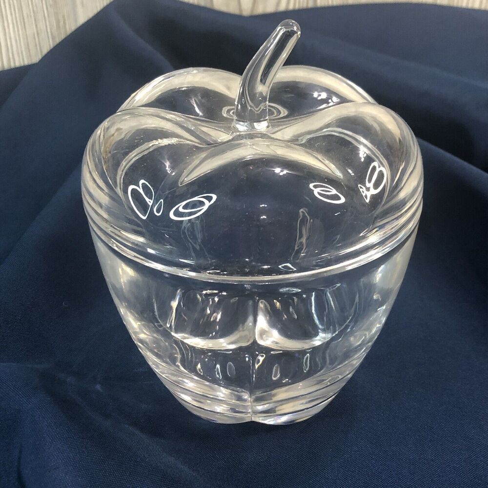 Figural Clear Glass Apple Fruit Lidded Candy Dish Table Decor 7” Tall Undated